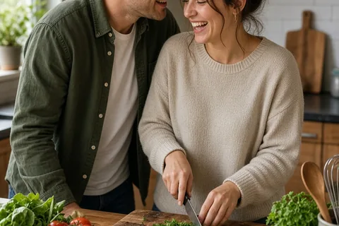 A man and a woman standing side by side in a kitchen cooking dinner, the man leaning in to whisper to the woman who is smiling back