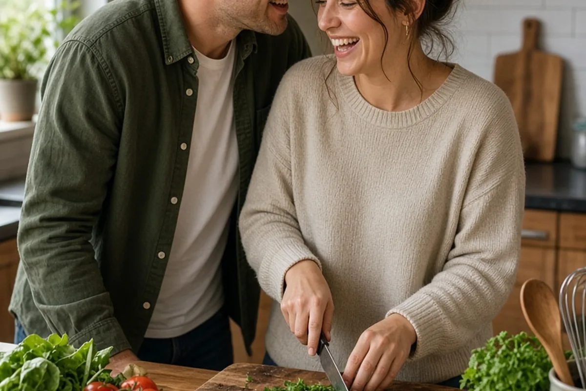 A man and a woman standing side by side in a kitchen cooking dinner, the man leaning in to whisper to the woman who is smiling back