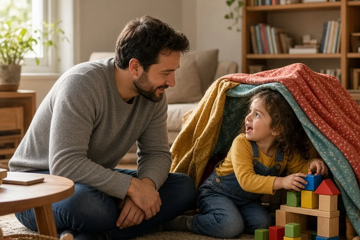 A father and his daughter sitting on the living room floor playing with blocks and blankets, phone left in another room.