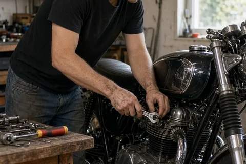 A man in his thirties with tousled brown hair wearing a simple black t-shirt and blue jeans repairing a motorcycle in a garage