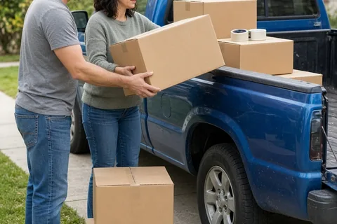 A man in his thirties with short brown hair in a gray t-shirt loads a cardboard box into a pickup truck bed while a woman in her thirties with dark hair in a sweater assists nearby in a residential dr