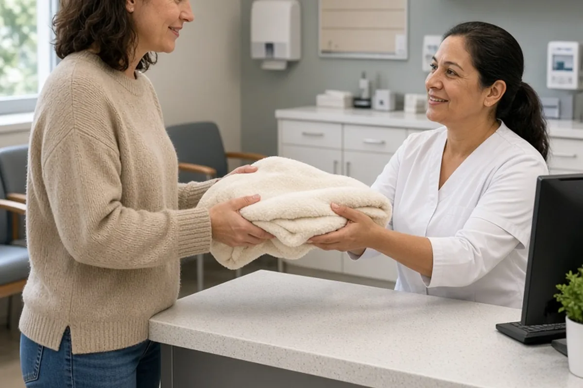 A clearly adult woman handing a soft fleece throw blanket to a hospital nurse at the desk