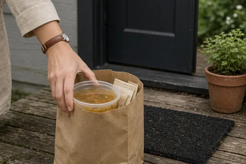 a clearly adult hand in a beige long-sleeved shirt placing a brown paper bag filled with soup and herbal tea on a wooden porch step next to a house door