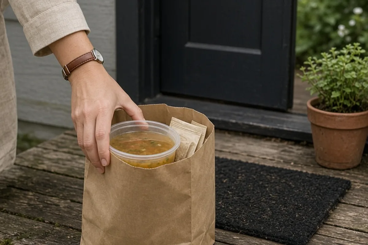 a clearly adult hand in a beige long-sleeved shirt placing a brown paper bag filled with soup and herbal tea on a wooden porch step next to a house door
