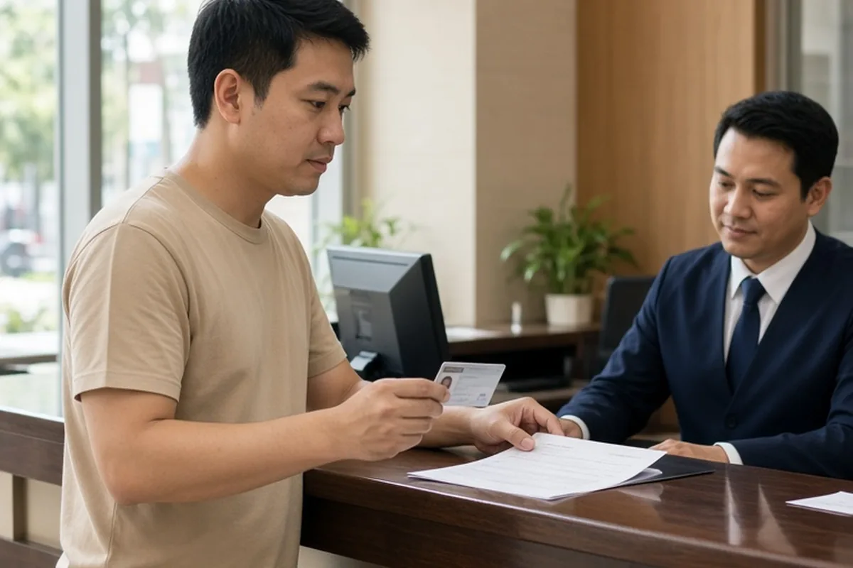 A man in his mid-twenties standing at a bank counter presenting identification to open a new account
