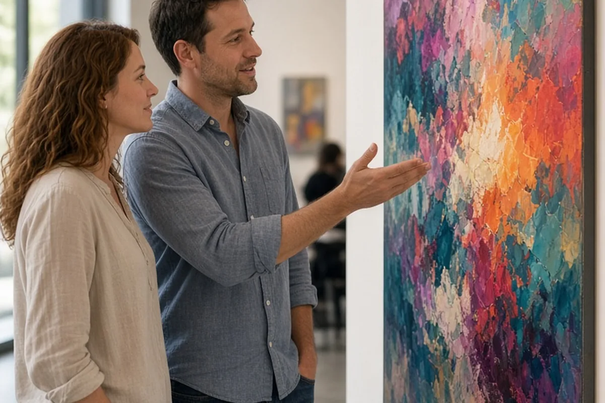 A man and woman in their thirties standing in an art gallery looking at an abstract painting together