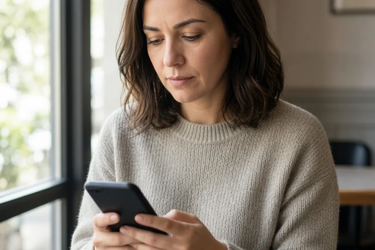 A woman in her thirties with shoulder-length brown hair wearing a casual sweater and jeans holding a smartphone and looking at the screen in a cafe