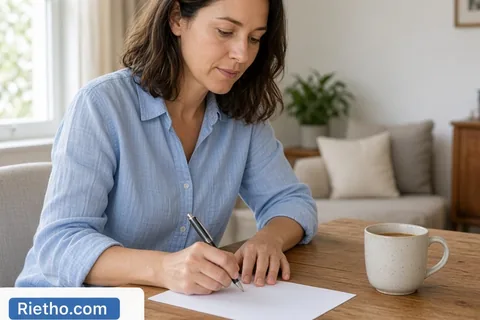 A clearly adult woman with shoulder-length brown hair in a light blue blouse writing a note at a table in a living room with a window, natural light on the paper and pen.