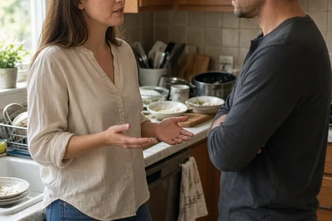 A woman in her thirties speaking calmly to her partner in a kitchen with dirty dishes on the counter, using personal language to express her feelings and propose a solution