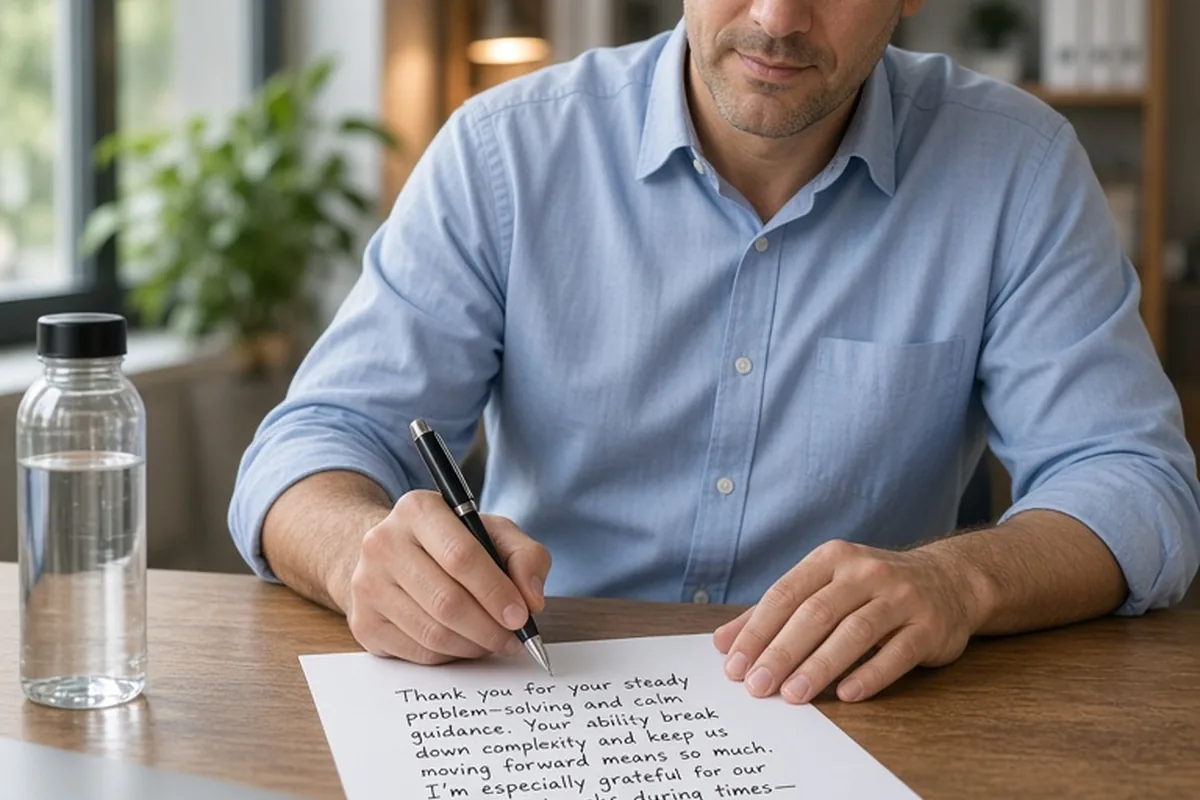 A clearly adult man in his forties sitting at a desk in an office, writing a handwritten note of appreciation on paper with a pen.