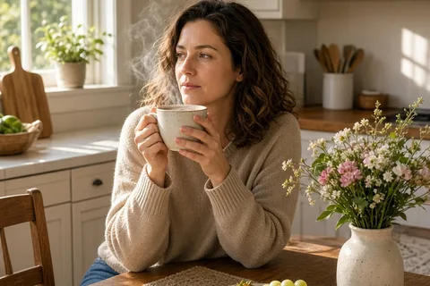 A clearly adult woman in her mid-thirties with wavy brown hair sitting at a kitchen table holding a steaming coffee cup in a bright sunlit home kitchen