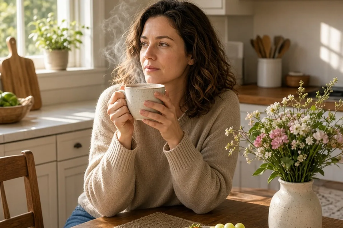 A clearly adult woman in her mid-thirties with wavy brown hair sitting at a kitchen table holding a steaming coffee cup in a bright sunlit home kitchen