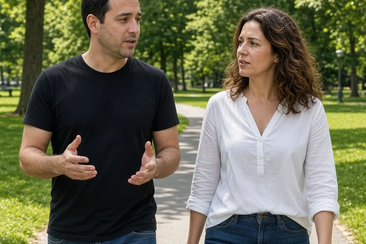A man and woman in their thirties walking side by side in a sunny park, one gesturing while speaking and the other listening, engaged in conversation.