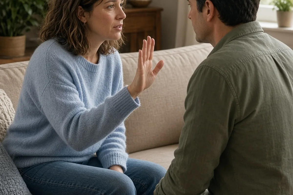 A woman with shoulder-length wavy brown hair wearing a soft light blue sweater gesturing while speaking to a man with short dark hair wearing a casual button-up shirt on a sofa in a living room, the m