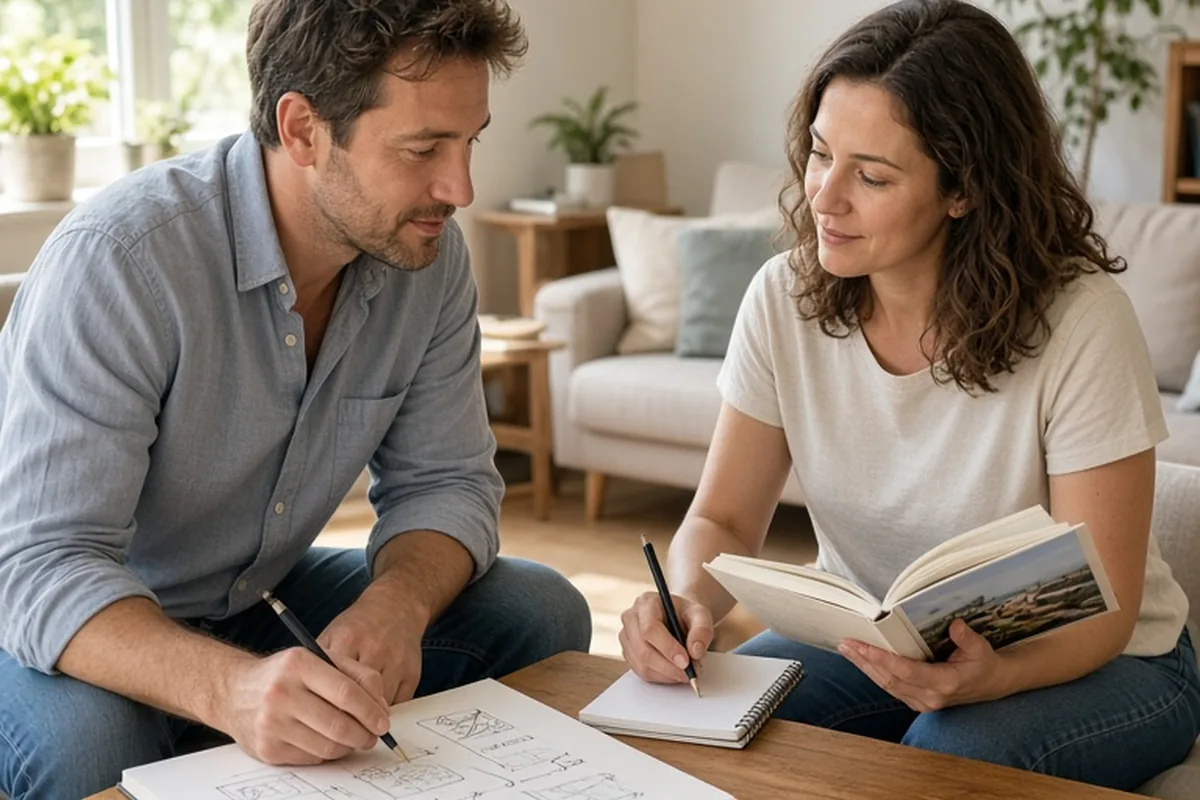 Two adults in their mid-thirties seated at a table in a bright room, one sketching and the other reading from a book while taking notes.