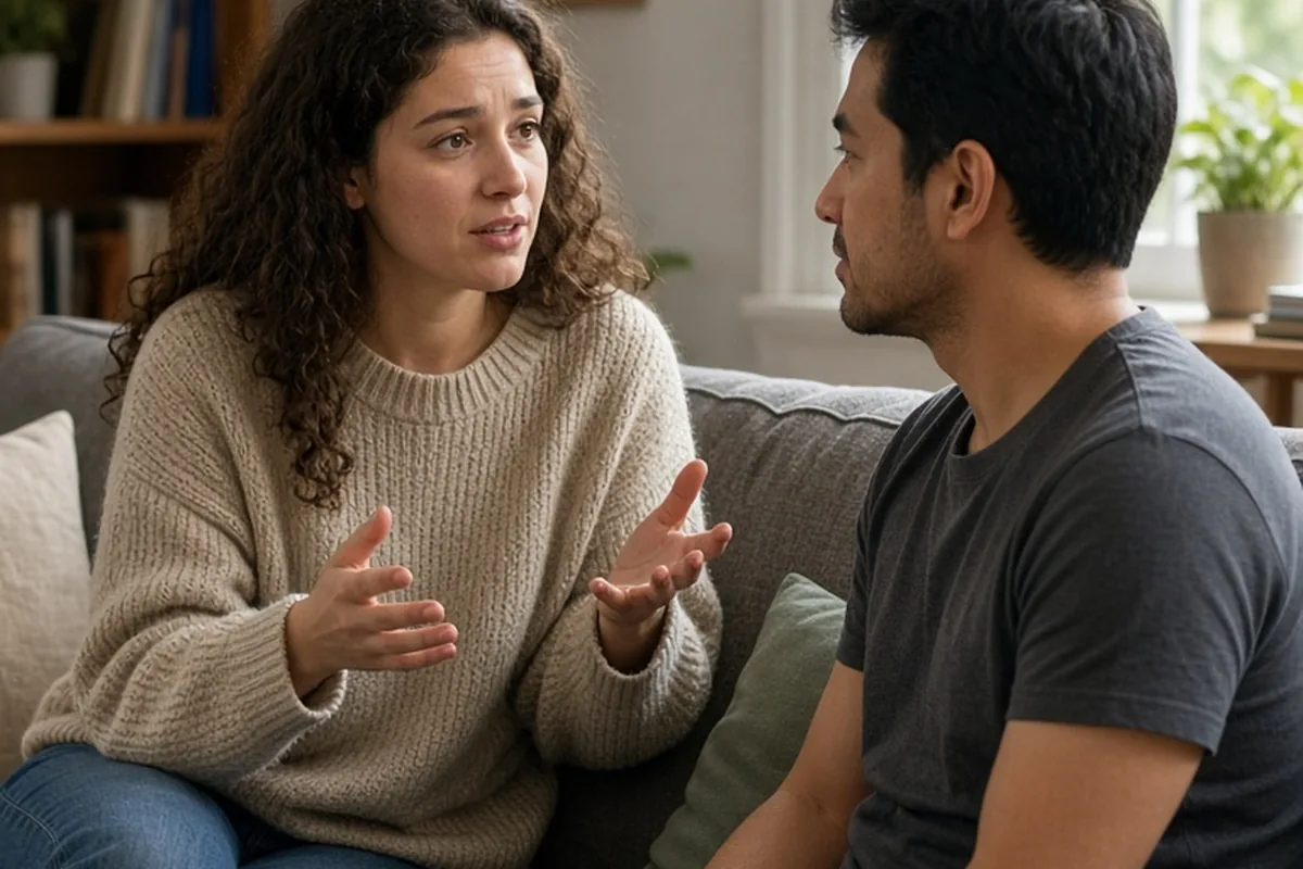 A woman with curly brown hair in her mid-twenties wearing a casual sweater and a man with short black hair in his early thirties sitting on a couch in a living room, the woman speaking to the man abou