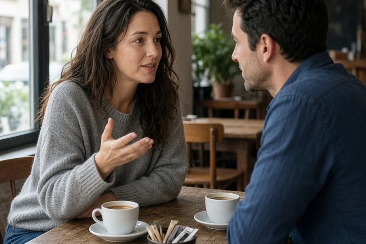 A woman in her thirties with long wavy brown hair wearing a gray sweater speaking to a man in his thirties with short dark hair wearing a blue shirt at a cafe table with coffee cups