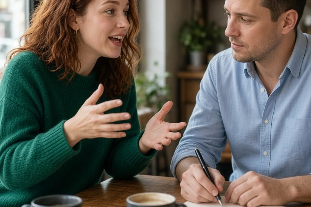 A mid-twenties woman with wavy auburn hair in a green sweater gesturing during an animated discussion with a mid-thirties man with short brown hair in a blue shirt at a cafe table with open notebook a