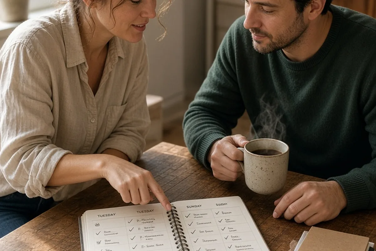 A woman gesturing at a calendar on a table as a man listens while holding coffee in a living room