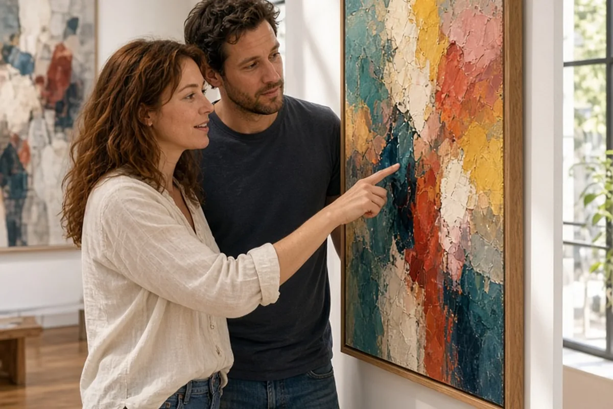 A man and woman in an art gallery, the woman pointing at a painting as the man looks at it