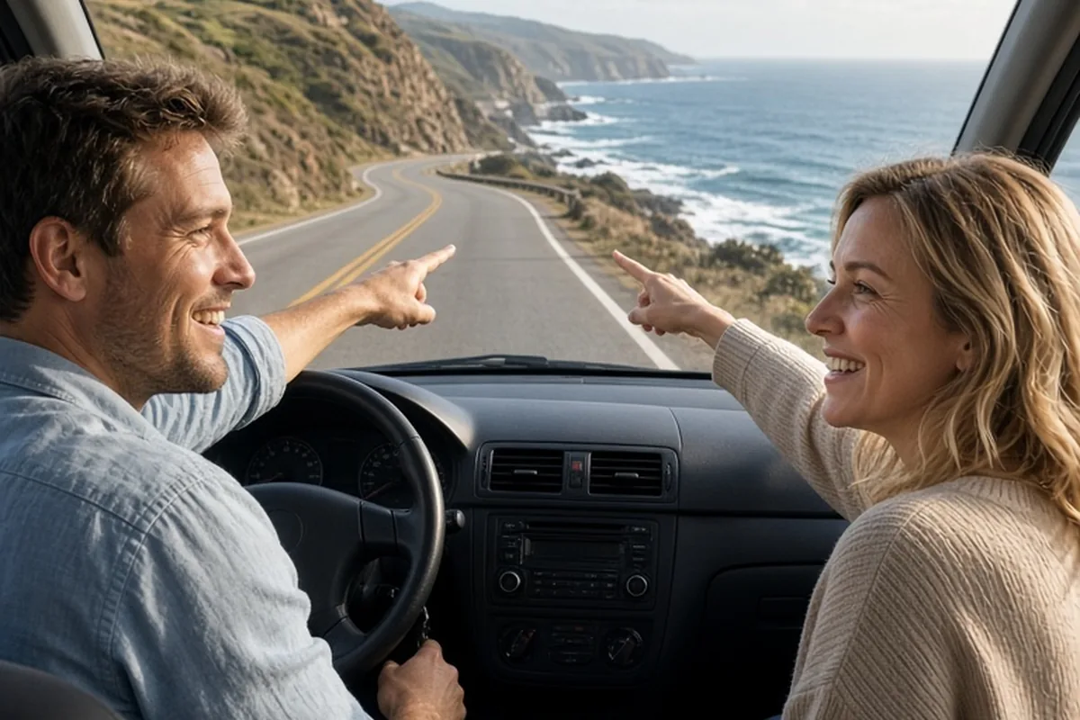Two adults in a car driving on a scenic coastal highway, the driver pointing at a lighthouse and the passenger smiling at the ocean view