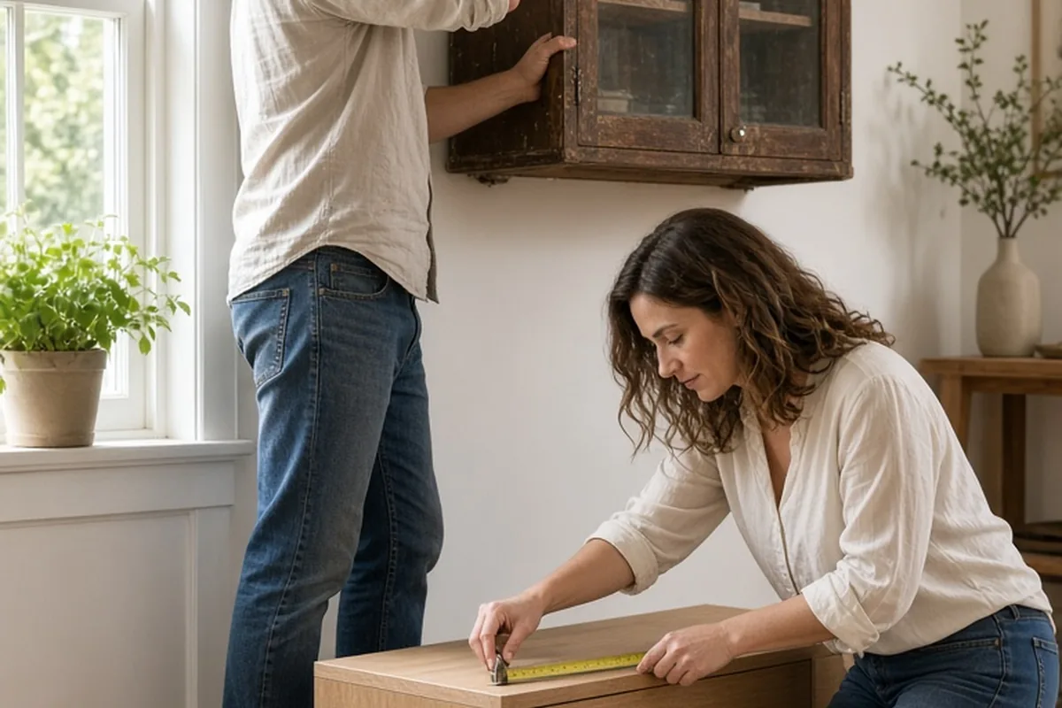 A man with short brown hair dismantling an old cabinet in a living room while a woman with wavy brown hair arranges new furniture pieces nearby.