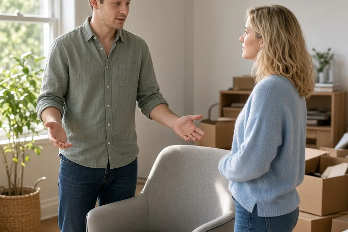 A man in his mid-twenties with short brown hair and a woman in her early twenties with wavy blonde hair in an apartment living room, the man gesturing towards an armchair while speaking to the woman w