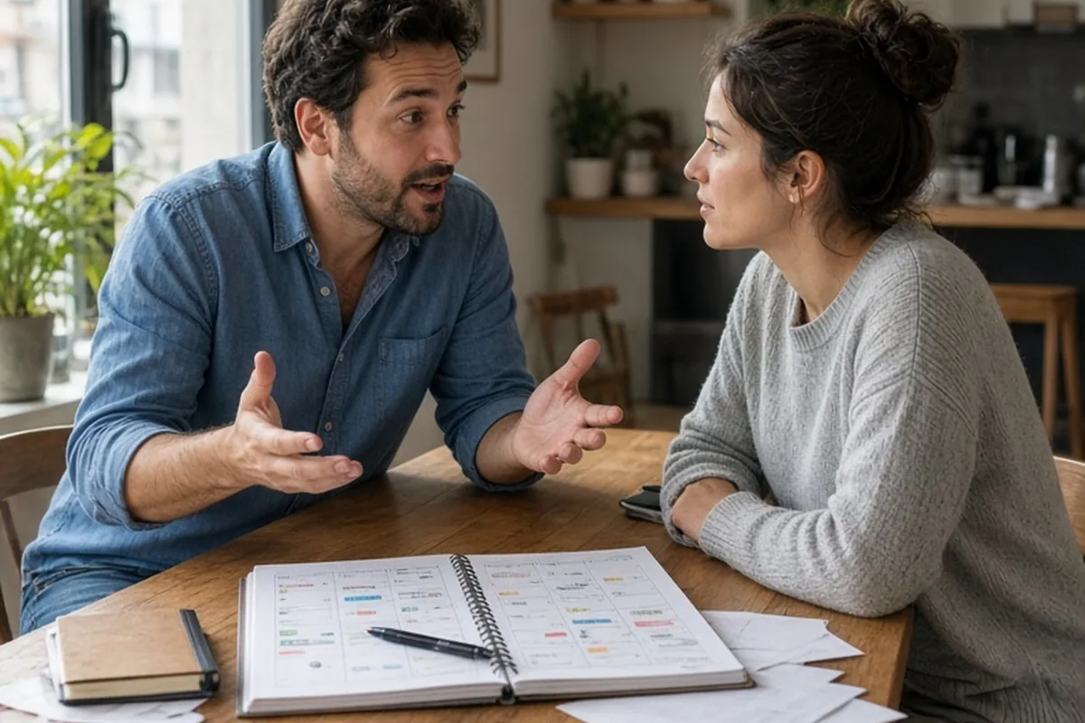 Energetic man in his thirties gesturing at a printed calendar on a wooden table as a thoughtful woman in her thirties reviews a notebook across from him in a modern apartment