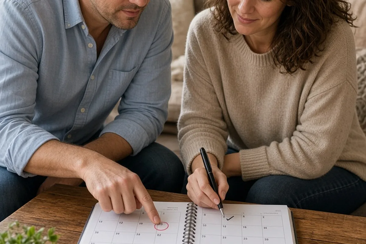 A man and a woman seated at a wooden table in a living room, the man pointing to a date on an open calendar while the woman marks a date with a pen