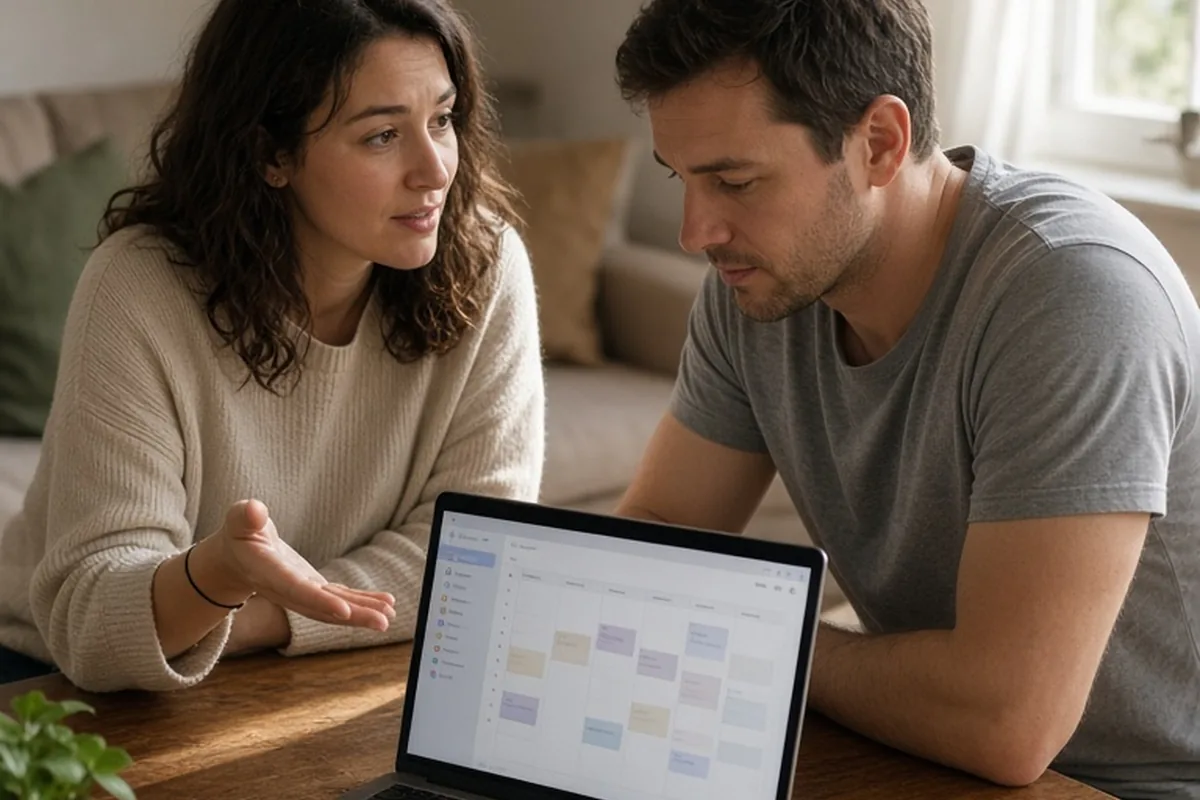 Woman with wavy brown hair gesturing at laptop while explaining her schedule to the man with short brown hair in a gray t-shirt in their living room.