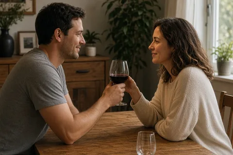 A man and woman in their early thirties sitting at a dining table holding glasses of red wine, sharing a moment together in their home dining room