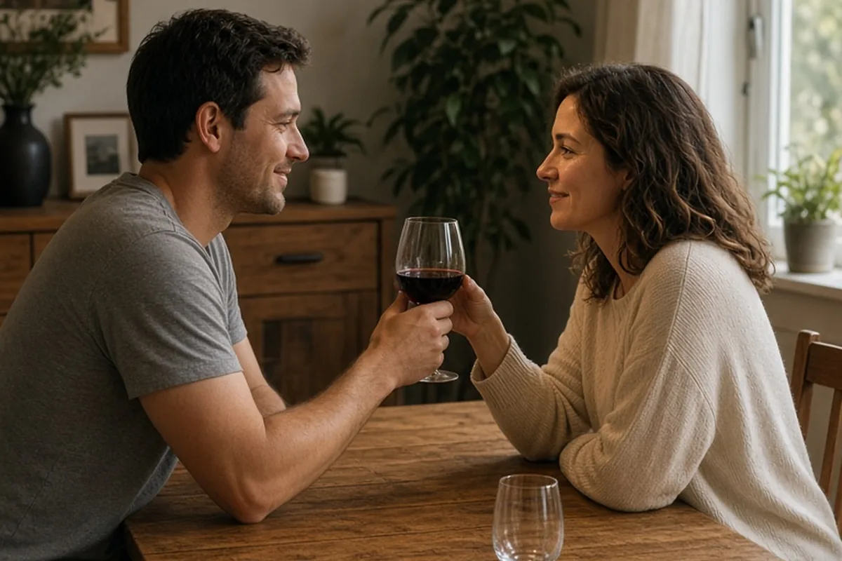 A man and woman in their early thirties sitting at a dining table holding glasses of red wine, sharing a moment together in their home dining room