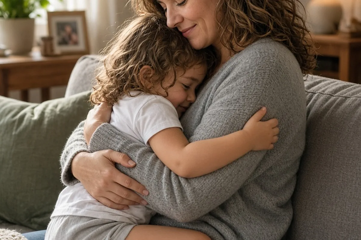 A mother in her thirties hugging a four-year-old girl on a couch in a cozy living room