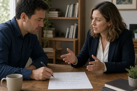 A man and a woman in their thirties seated at a wooden table in a home office with a sheet of paper containing unreadable handwritten notes between them, the man writing as the woman gestures while di