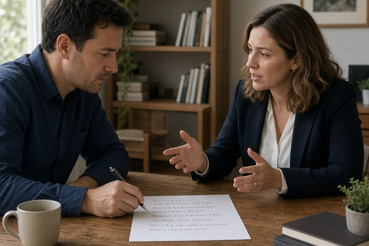 A man and a woman in their thirties seated at a wooden table in a home office with a sheet of paper containing unreadable handwritten notes between them, the man writing as the woman gestures while di