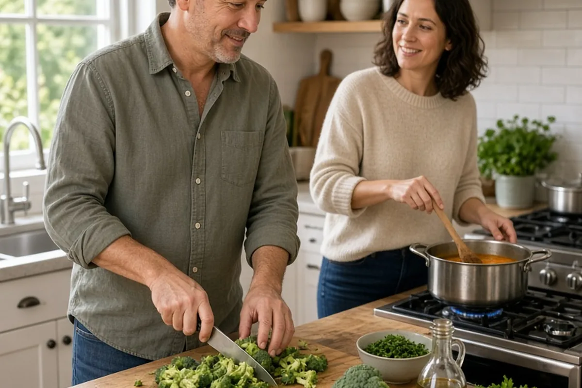 Two adult siblings collaborating in a home kitchen while preparing vegetables for a meal, one chopping and the other stirring, in casual conversation.
