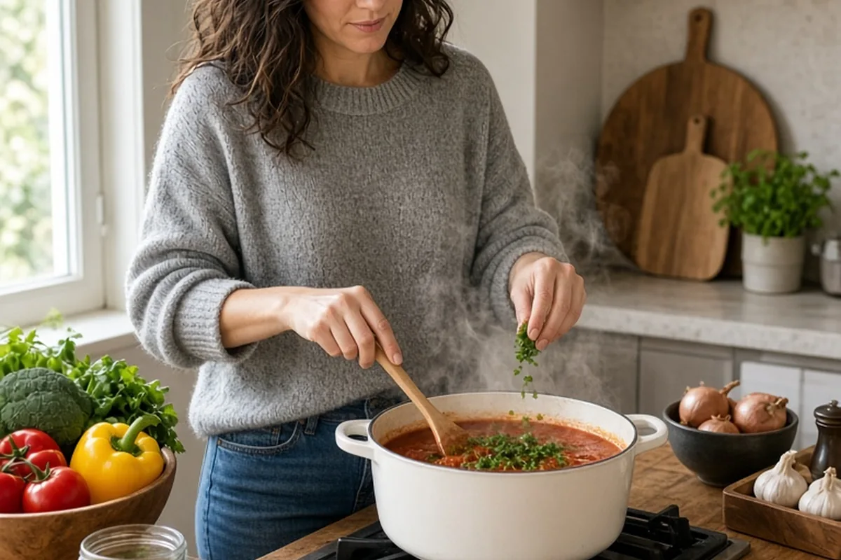 A woman in her thirties with long wavy dark brown hair wearing a soft gray sweater and jeans standing in a kitchen cooking a meal, steam rising from a pot on the stove.