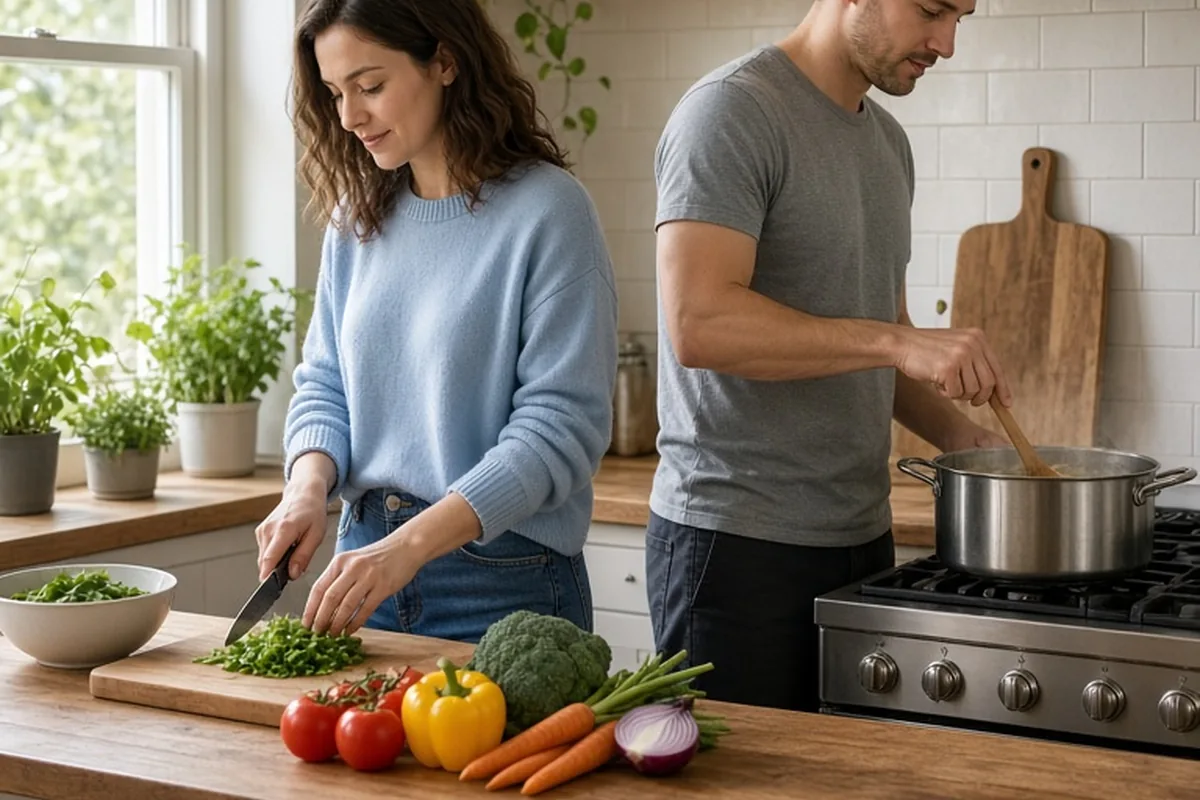 A clearly adult woman in her late twenties with shoulder-length wavy brown hair chopping vegetables on a wooden cutting board while a clearly adult man in his early thirties with short brown hair stir