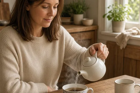 A woman in a home kitchen preparing a steaming cup of tea on a wooden table