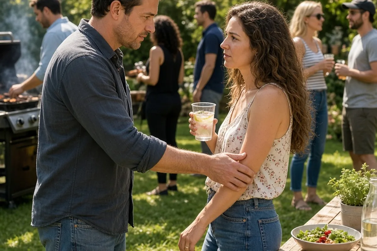 A man taps a woman on the wrist at an outdoor barbecue with guests in the background.
