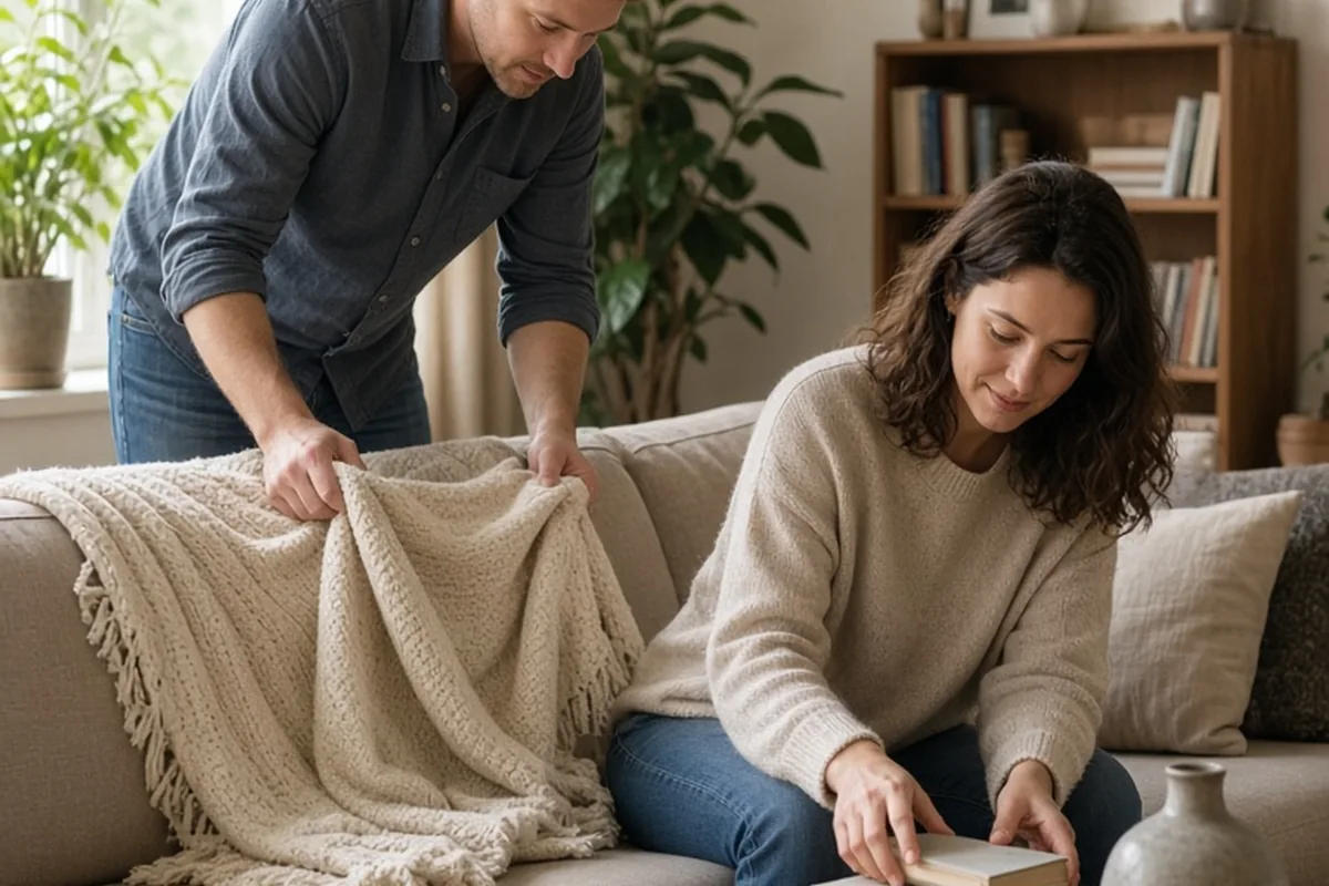 A couple in a home living room with the man arranging a throw blanket on the sofa and the woman organizing books on the table