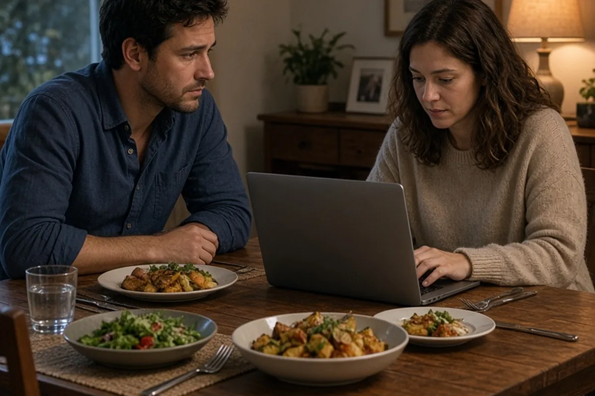 A man in his early thirties with short dark hair and a woman with shoulder-length wavy brown hair sitting at a dining table, the woman typing on a laptop while the man looks disappointed