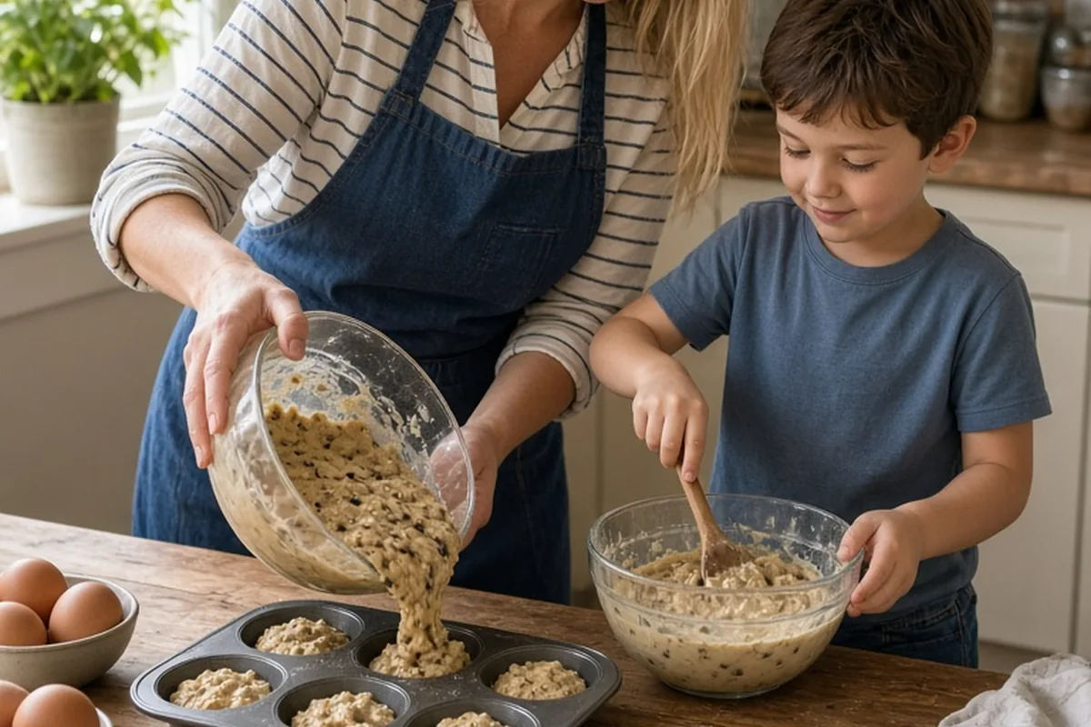 A woman with long straight blonde hair wearing a blue apron and a young child with short brown hair in a t-shirt baking cookies at a wooden kitchen table surrounded by baking ingredients and a cooling