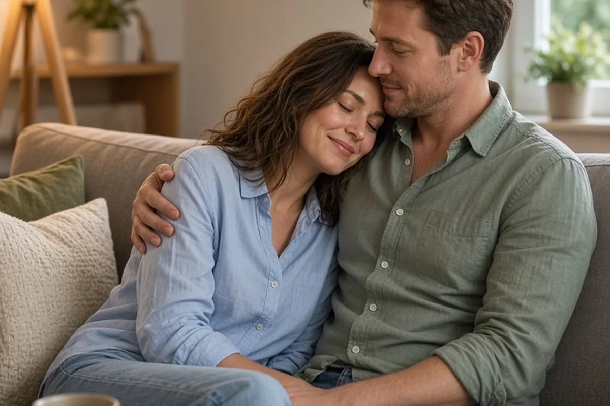 A woman in her thirties with shoulder-length wavy brown hair wearing a light blue blouse and jeans leans her head on the shoulder of a man in his thirties with short brown hair wearing a casual button