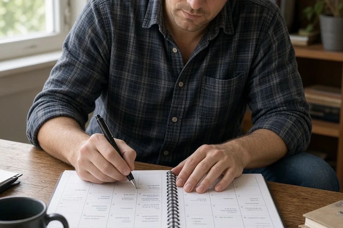A man with short brown hair sitting at a wooden desk in a home office, carefully marking dates on an open planner calendar