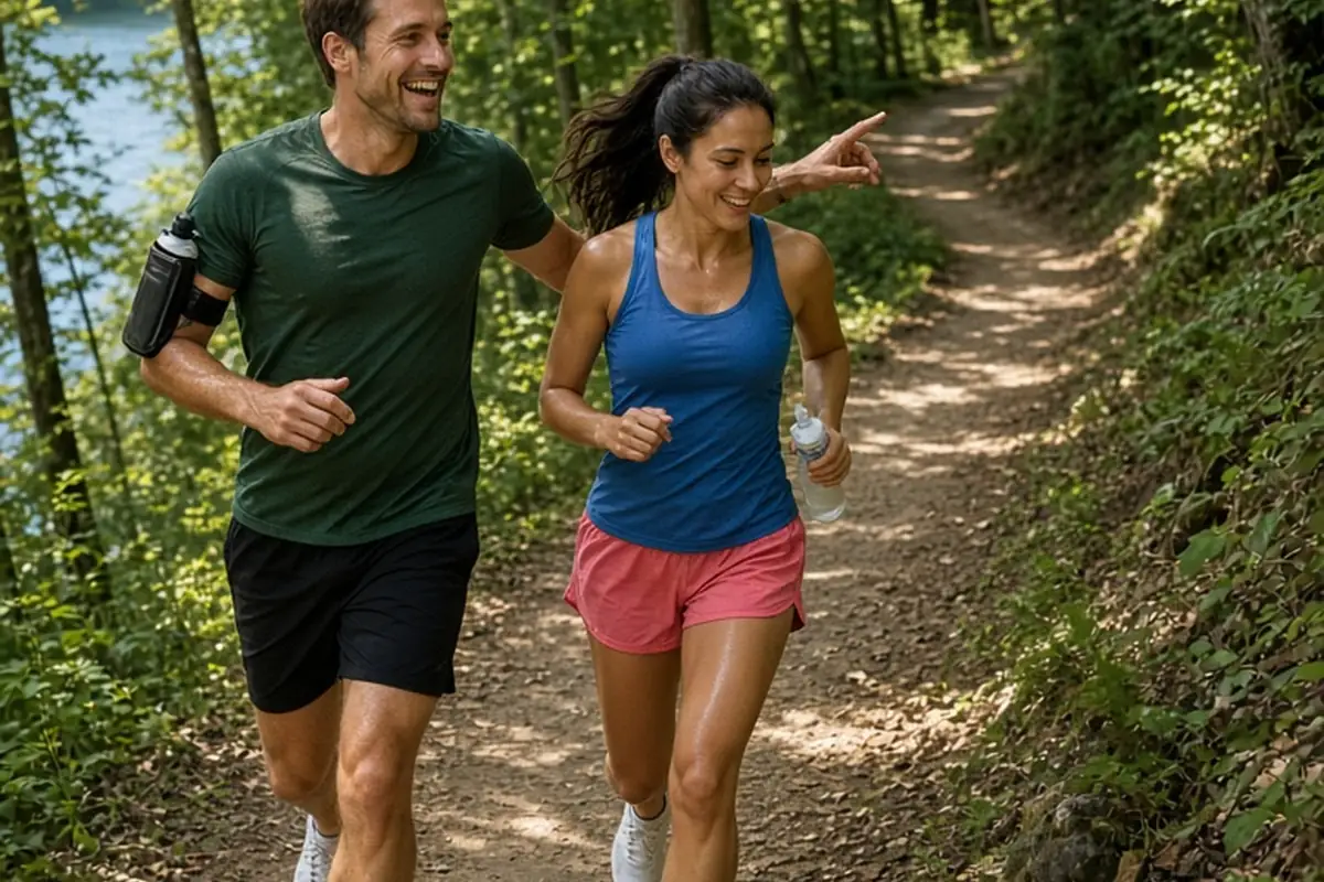 A man and a woman running together on a sunny trail while training for an endurance event