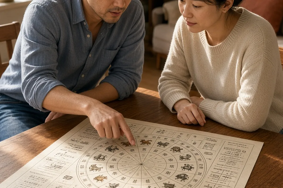 A man and woman seated at a table examining a printed Chinese astrology chart spread out between them in a living room