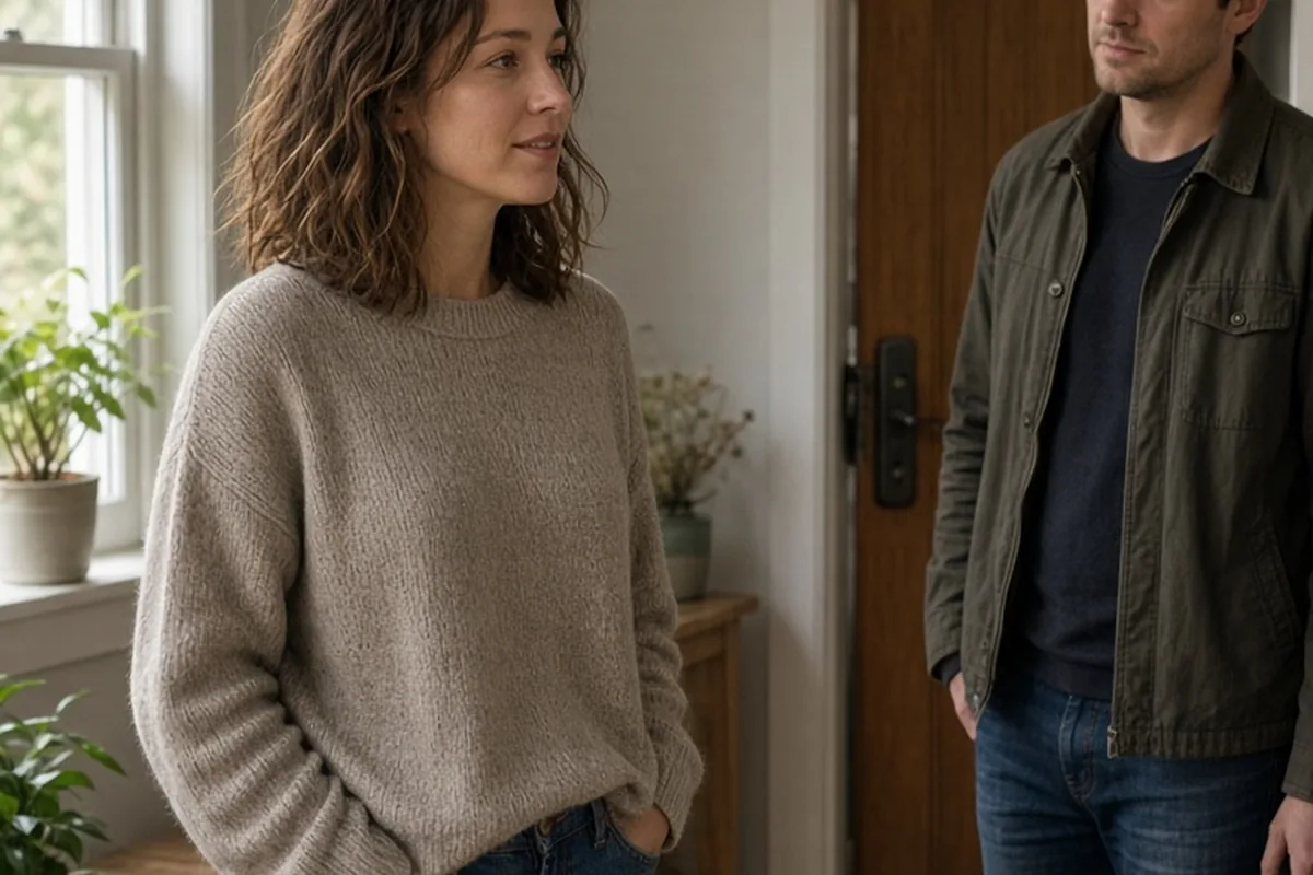 A woman with wavy brown hair in a sweater speaking to a man with short brown hair in a jacket in a home entryway, both displaying calm and understanding expressions as the man prepares to leave.
