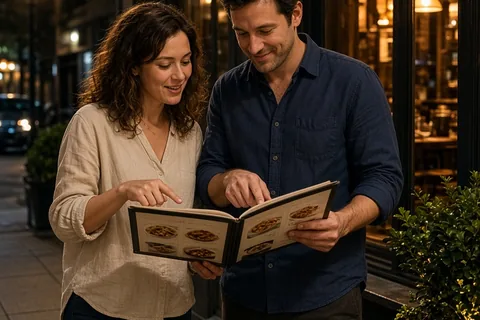 A woman with wavy brown hair and a man with short brown hair standing outside a restaurant at night on the sidewalk, examining menus and gesturing while discussing options