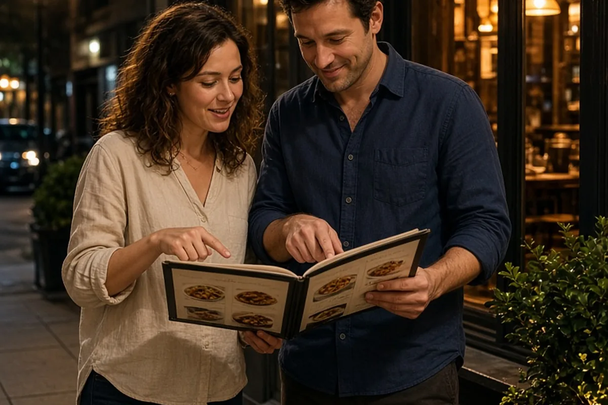 A woman with wavy brown hair and a man with short brown hair standing outside a restaurant at night on the sidewalk, examining menus and gesturing while discussing options